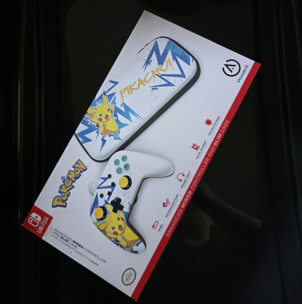 Pikachu Themed White Wired Game Controller with Matching Carry Case